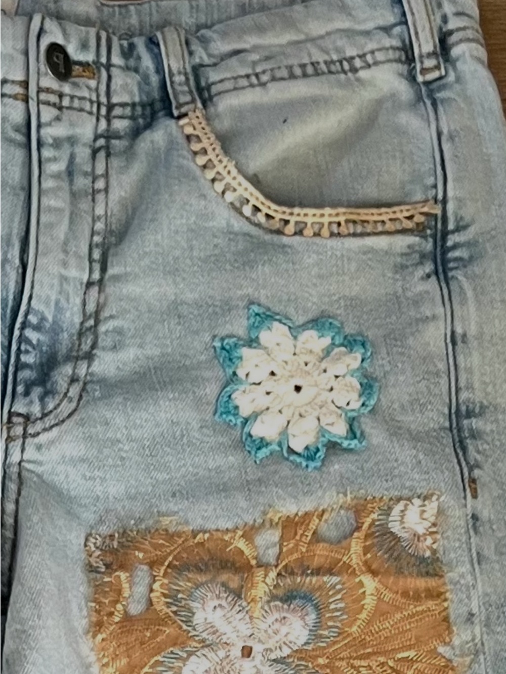 Upcycled Western Boho Festival Hippie patchwork  Embroidered  Wide-Leg Jeans - Picture 6 of 9